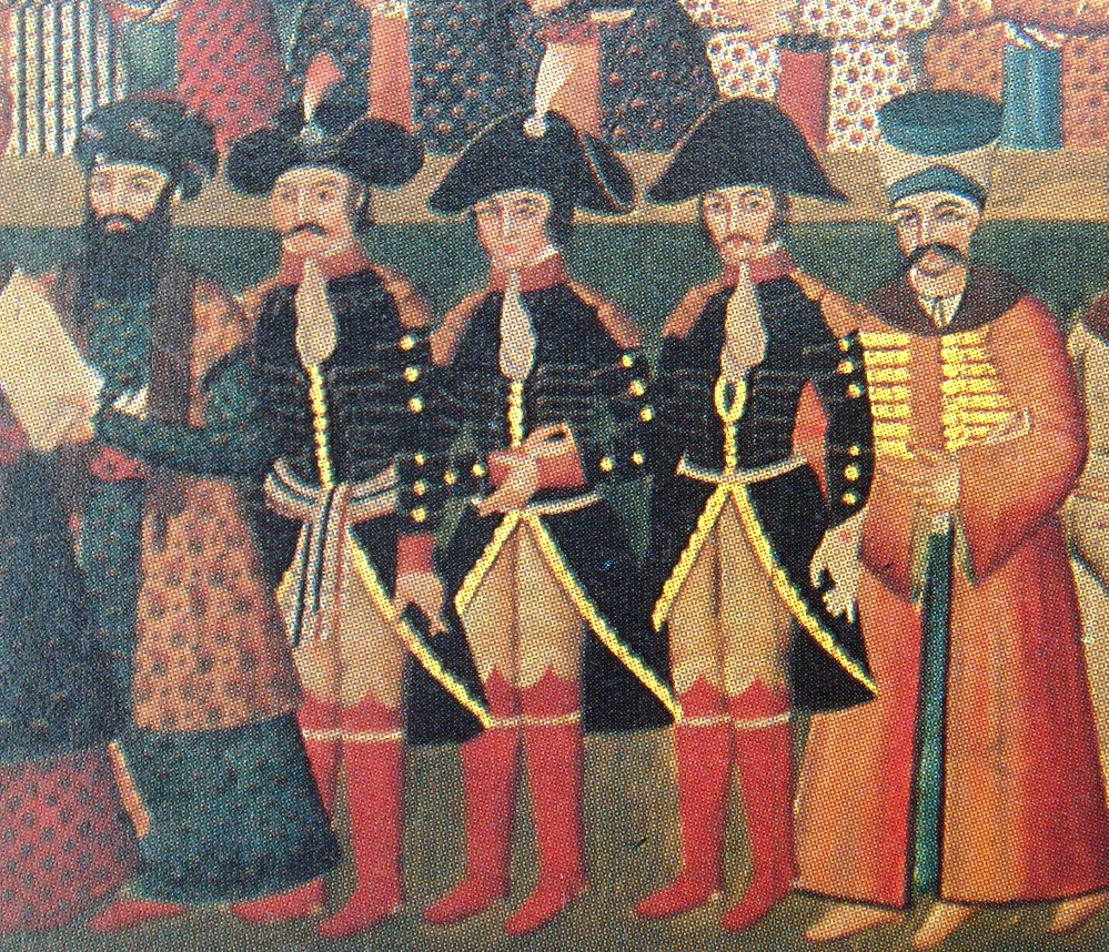 Le général Gardane, avec des collègues Jaubert et Joanin, à la cour perse de Fath Ali Shah en 1808. Les chaussettes rouges étaient un élément du protocole persan.
