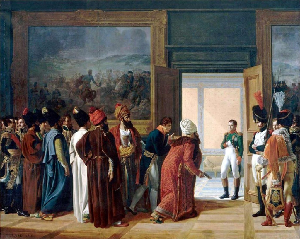 L’envoyé spécial de la Perse, Mirza Mohammed Reza Qazvini, au château de Finkelstein, le 27 avril 1807. Peinture de François Mulard.