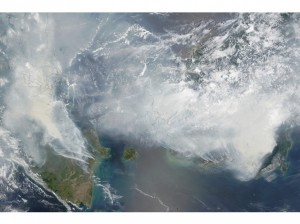 La fumée des incendies de forêt recouvre une bonne partie de l'Indonésie, de la Malaisie et de Singapour, comme le montre cette image prise depuis le satellite Terra de la Nasa, et diffusée par l'agence spatiale américaine le 24 septembre.