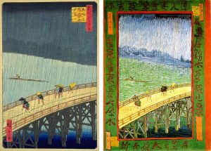 Pont sous la pluie, peintures d'Hiroshige et de van Gogh.
