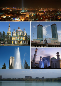 Cathédrale de l'Ascension, l'université technique anglo-kazakh, vue panoramique de la ville, l'opéara Abay, monument du guerrier doré, l'entrée du parc du premier Président et la tour de télévision.
