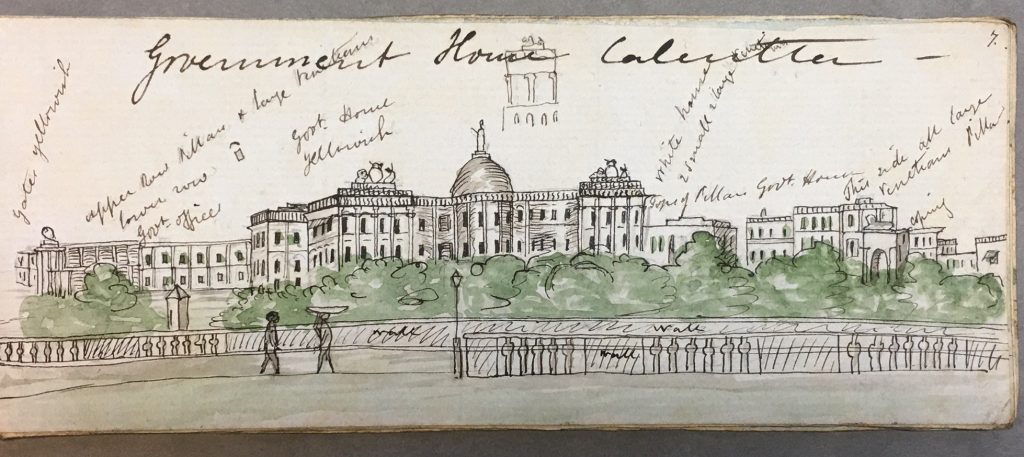 Vue de la maison du Gouvernement à Calcutta. Artiste britannique inconnu, vers 1849. British Library WD 4593, f. 7