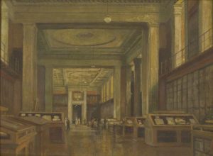 Intérieur de la King’s Library, British Museum, par Frederick Hawkesworth s. Shepherd (1877-1948). Les vitrines visibles ont continue d'être utilisées pour les livres et les manuscrits jusqu'aux années 1990, lorsque la British Library a déménagé à St. Pancras.