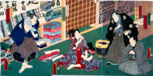 La scène Hamamatsuya de la pièce de kabuki Aoto zôshi hana no nishiki-e, illustrée par l’artiste ukiyo-e Utagawa Kunisada.