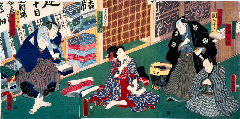 La scène Hamamatsuya de la pièce de kabuki Aoto zôshi hana no nishiki-e, illustrée par l’artiste ukiyo-e Utagawa Kunisada. 