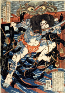 Dans sa série populaire d’ukiyo-e Tsûzoku Suikôden, Utagawa Kuniyoshi dessine certains des héros hors-la-loi d’un célèbre roman chinois exhibant leurs tatouages, comme sur cette représentation de Zhang Shun.